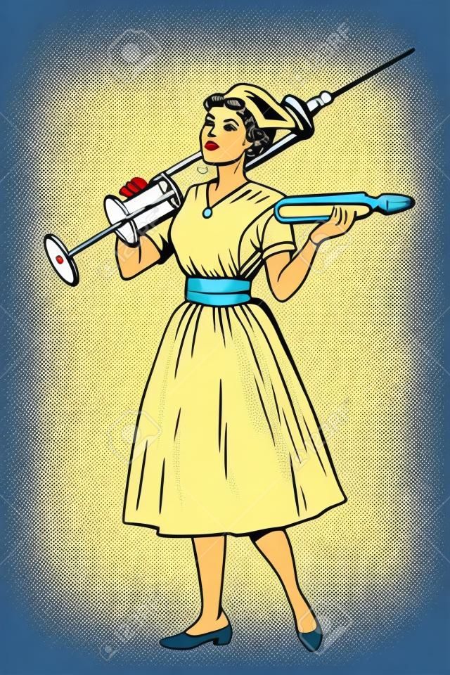 Nurse with syringe. Pop art retro vector illustration vintage kitsch