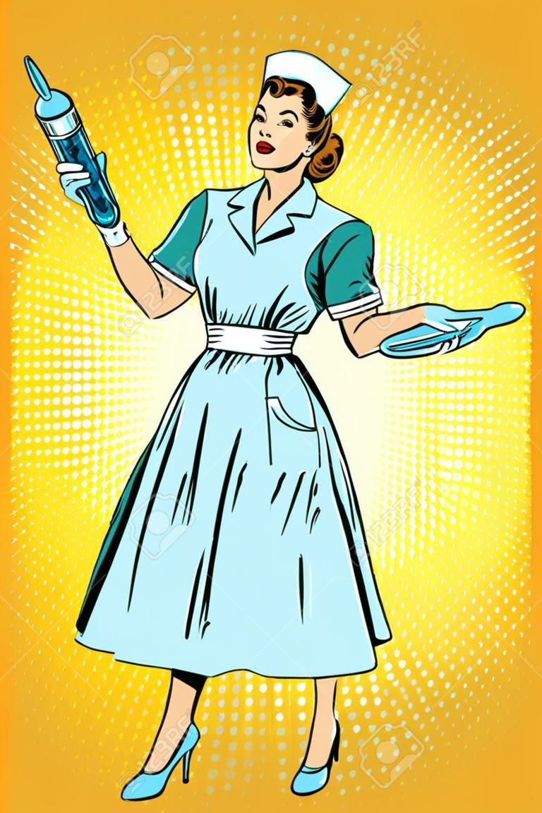 Krankenschwester mit Spritze. Pop-Art Retro-Vektor-Illustration Vintage-Kitsch