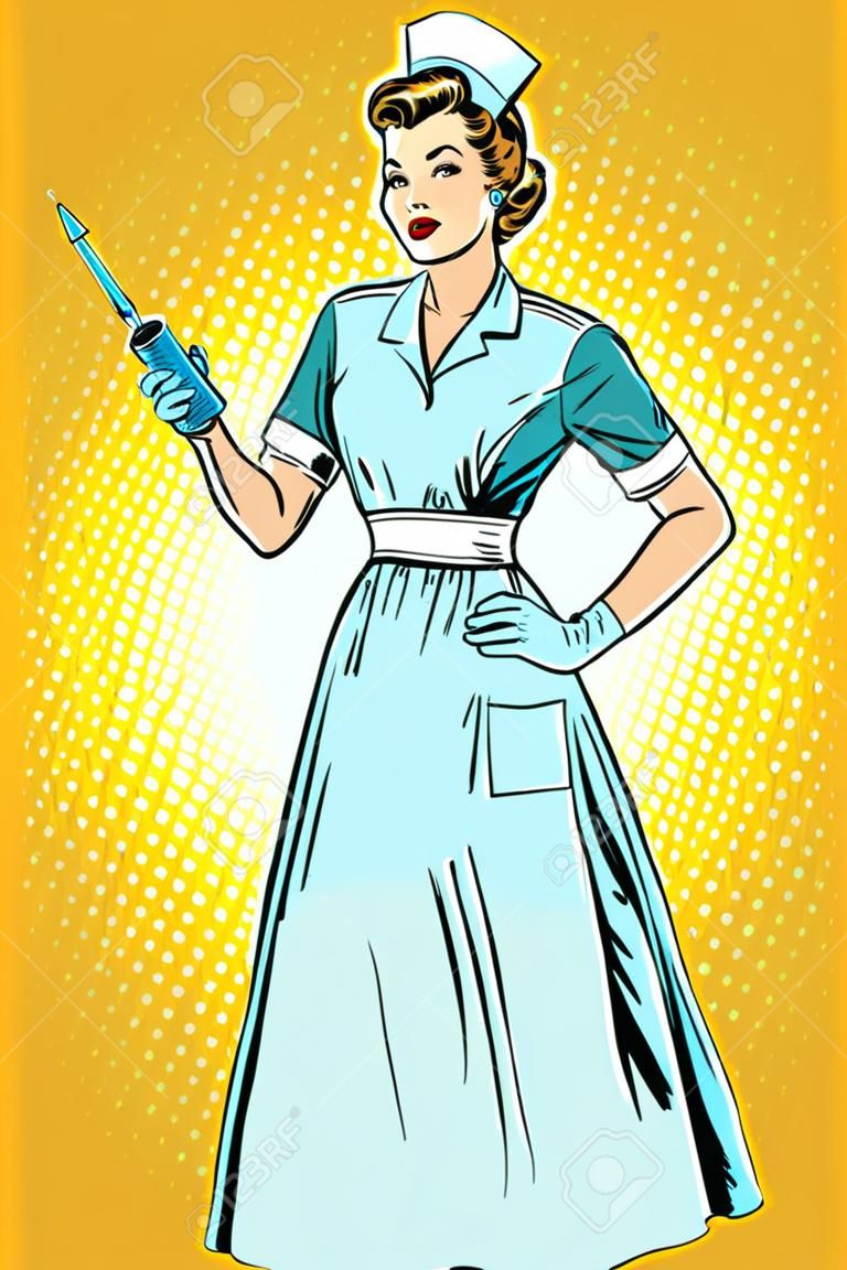Pielęgniarka z strzykawką. Pop-art retro wektor ilustracja vintage kicz