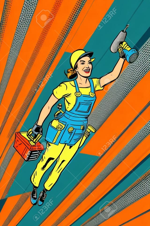 Frau mit Bohrer, Reparatur und Bau. Superhelden fliegen. Pop-Art Retro-Vektor-Illustration Vintage-Kitsch