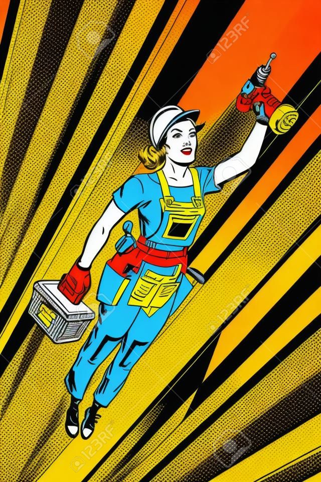 kobieta z wiertłem, naprawą i budową. Latający superbohater. Pop-art retro wektor ilustracja vintage kicz