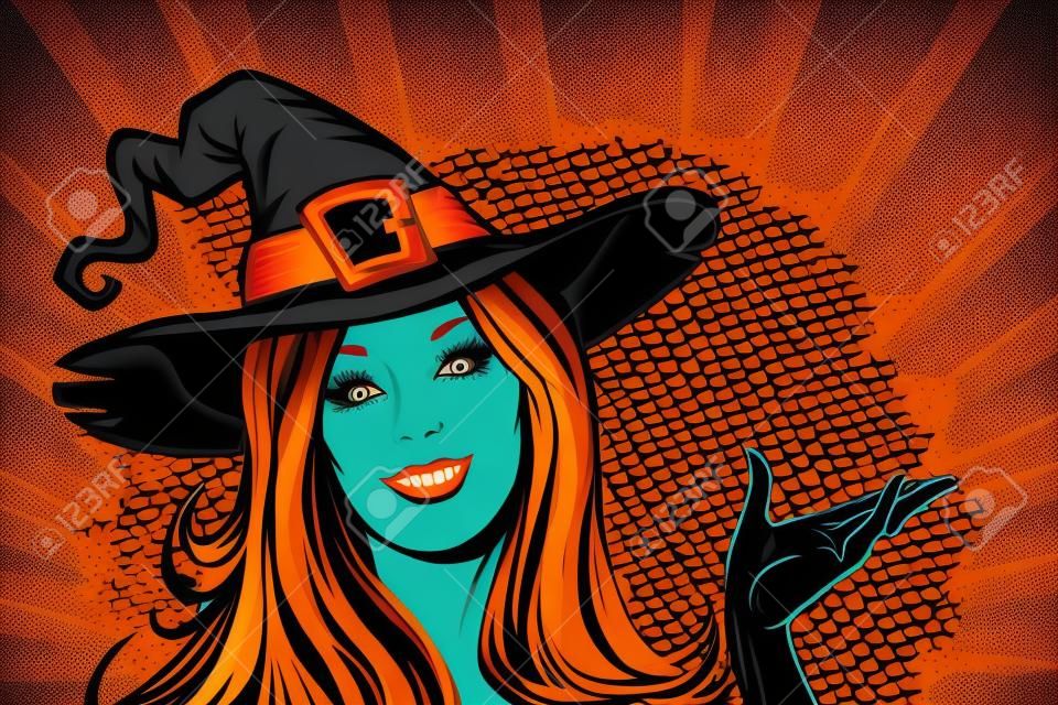 happy Halloween witch beautiful woman. Pop art retro vector illustration vintage kitsch