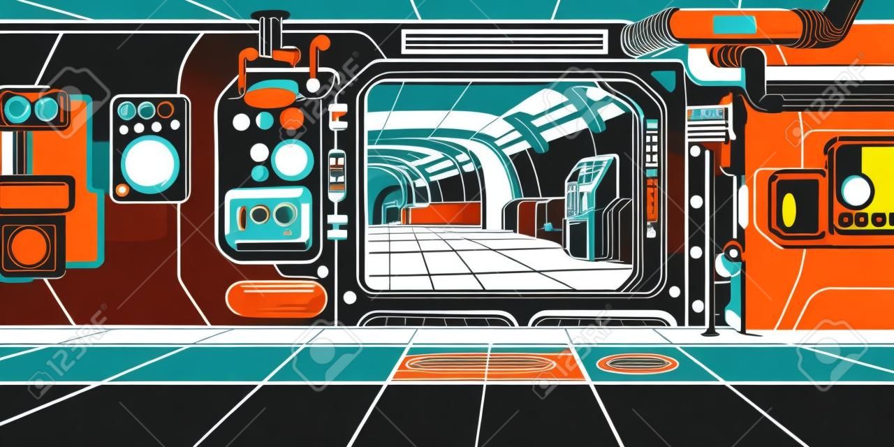 宇宙船の回廊。SF.ポップアート レトロ ベクター イラスト キッチュ ビンテージ
