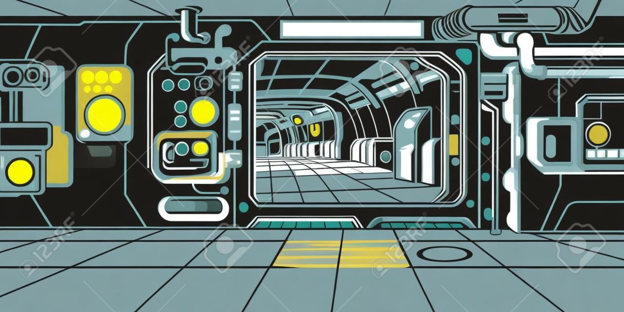 Raumschiff Korridor. Science-Fiction. Pop-Art Retro-Vektor-Illustration Kitsch Vintage