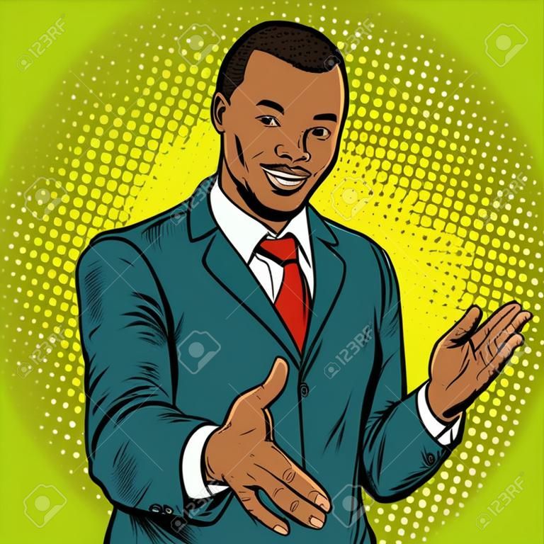 African businessman shaking hands. Pop art retro vector illustration