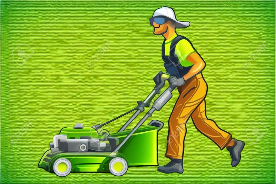 lawn mower worker. Profession and service. Isolate on white background. Pop art retro vector illustration vintage kitsch