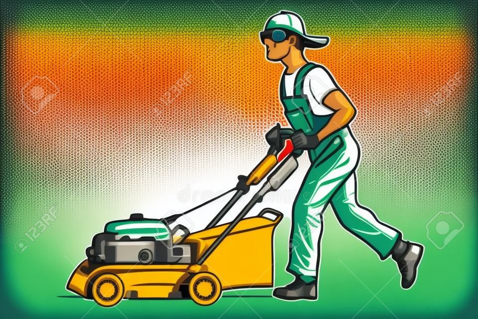 lawn mower worker. Profession and service. Isolate on white background. Pop art retro vector illustration vintage kitsch
