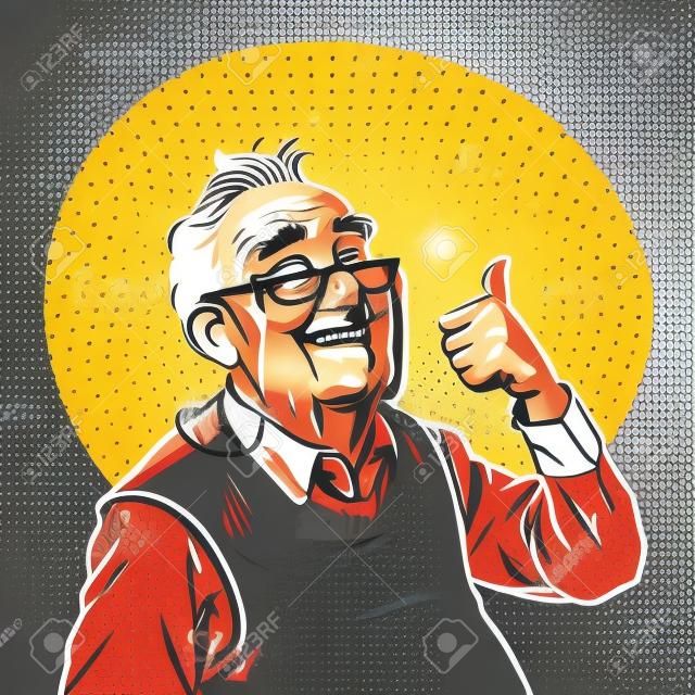 radosny starszy mężczyzna z kciukiem w okularach jak. Pop-art retro wektor ilustracja vintage kicz