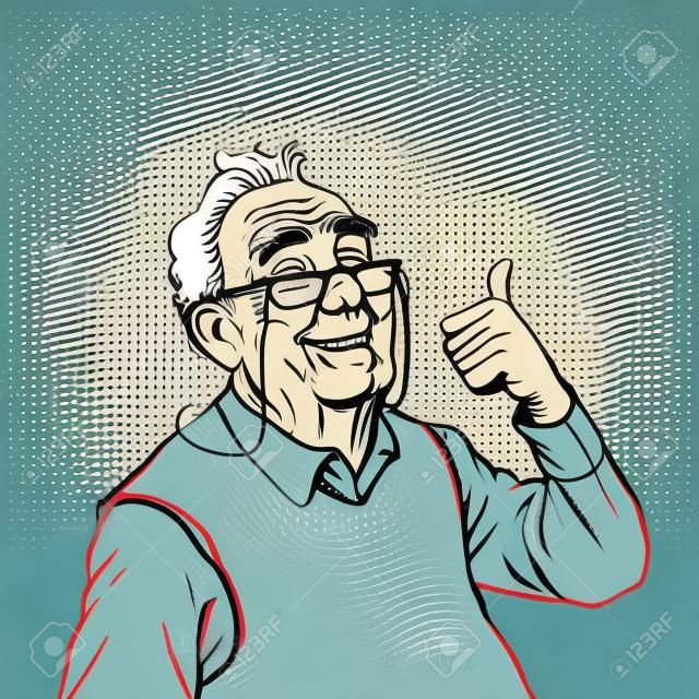 fröhlicher älterer Mann mit Brille Daumen hoch wie. Pop-Art Retro-Vektor-Illustration Vintage-Kitsch