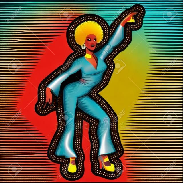 Mujer disco bailando, estilo años ochenta 80. Peinado afro. Pop art retro vector ilustración vintage kitsch
