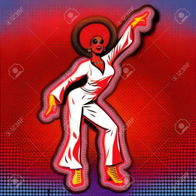 Disco mulher dançando, estilo dos anos 80. Penteado afro. Pop art retro vector ilustração vintage kitsch