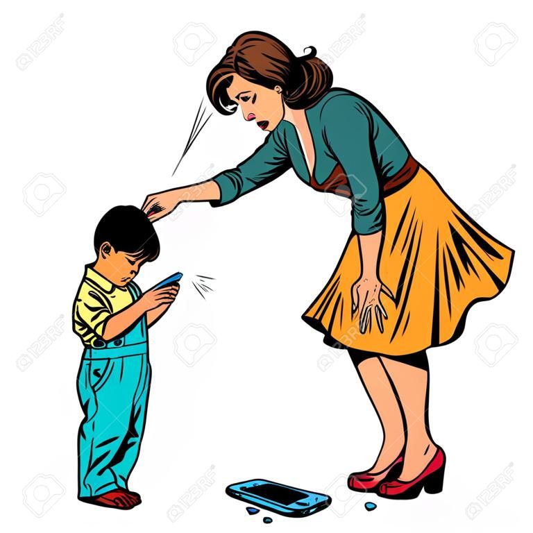 mother and guilty son. broken phone isolate on white background. Pop art retro vector illustration vintage kitsch