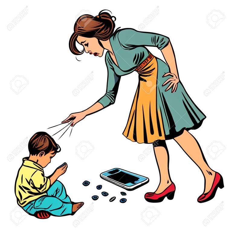 mother and guilty son. broken phone isolate on white background. Pop art retro vector illustration vintage kitsch