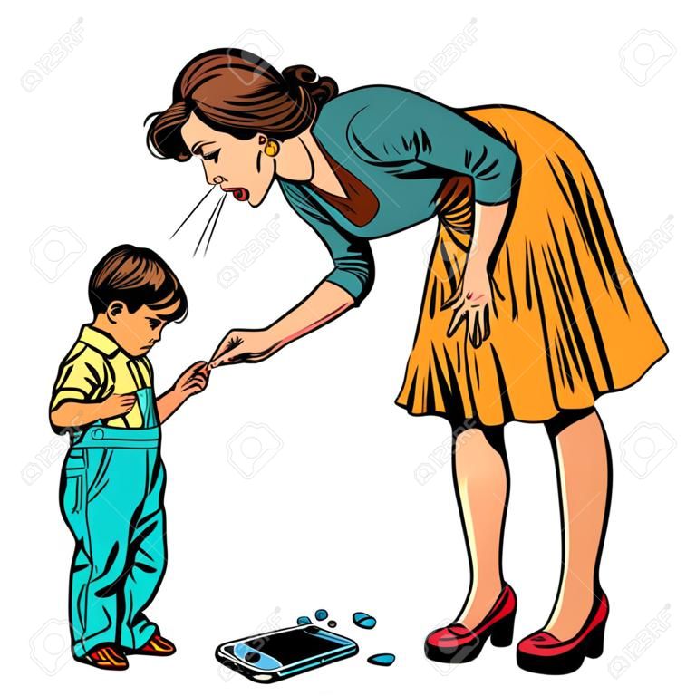 matka i winny syn. zepsuty telefon izolować na białym tle. Pop-art retro wektor ilustracja vintage kicz