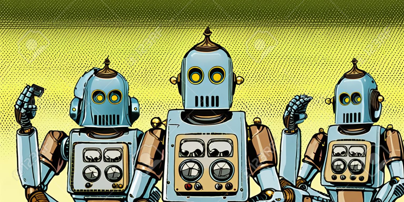 Roboter mit Telefon, Internet-Sucht-Konzept. nicht sehen hören sagen. Pop-Art Retro-Vektor-Illustration Vintage-Kitsch