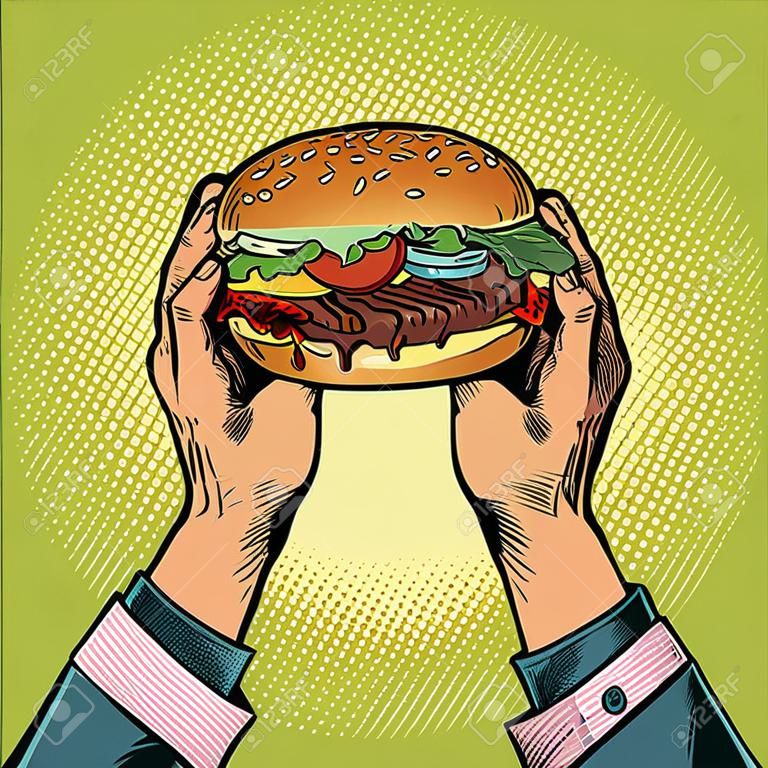 Hände, die einen Burger halten. Fastfood-Restaurant. Pop-Art Retro-Vektor-Illustration Vintage-Kitsch 50er 60er Jahre