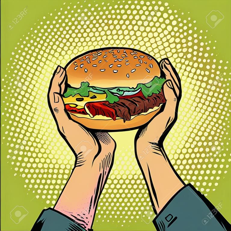 Hände, die einen Burger halten. Fastfood-Restaurant. Pop-Art Retro-Vektor-Illustration Vintage-Kitsch 50er 60er Jahre