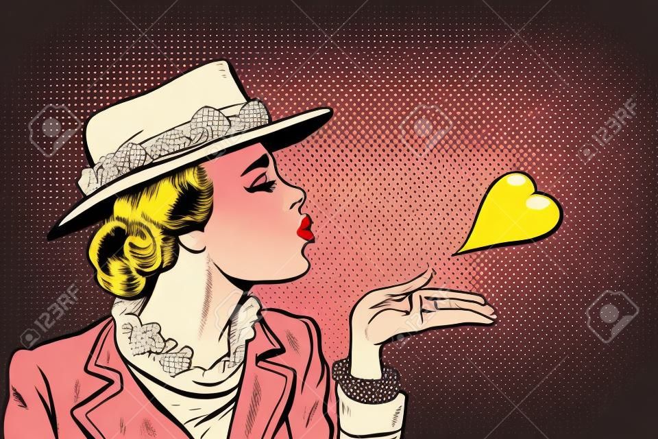 femme rétro soufflant un baiser. Pop art vector illustration vintage kitsch
