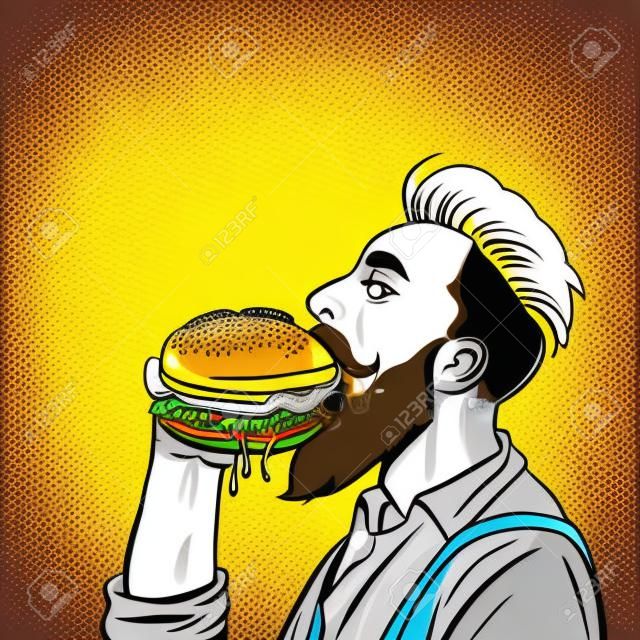 hipster man eating Burger. Pop art retro vector stock illustration drawing
