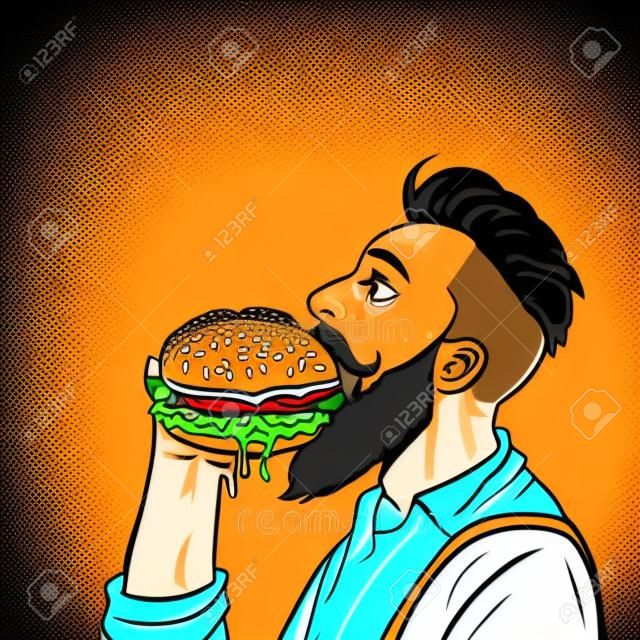 hipster człowiek jedzenie burgera. Pop-art retro wektor ilustracji, rysunek