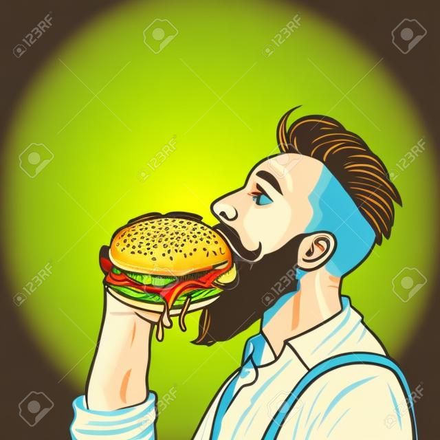 hipster człowiek jedzenie burgera. Pop-art retro wektor ilustracji, rysunek