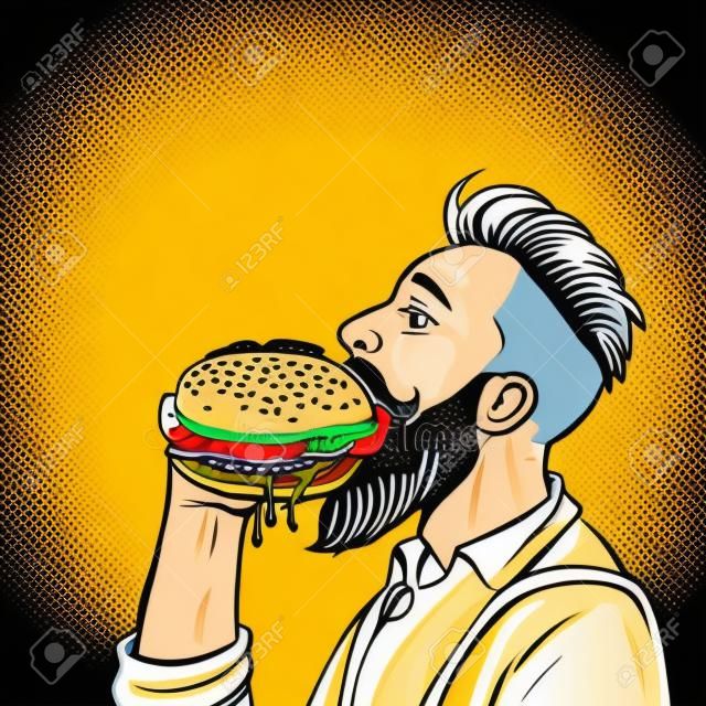 hombre inconformista comiendo hamburguesa. Dibujo de ilustración de stock de vector retro pop art
