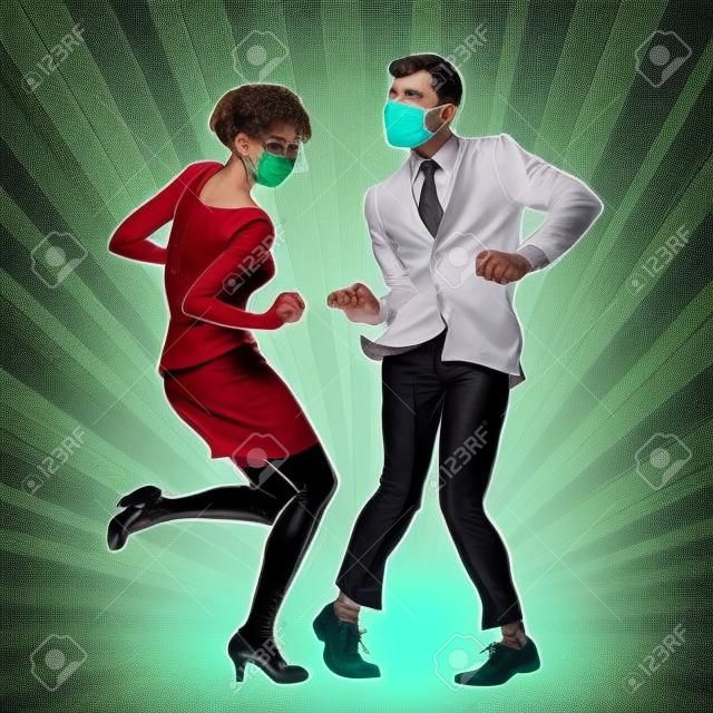 Couple dancing retro dance. Quarantine the epidemic, all people in masks