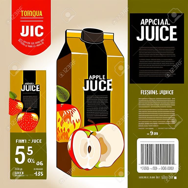 Vorlage Packaging Design Apfelsaft. Konzeption von Fruchtsaft. Vorlage mit abstrakten Informationen auf Pappkarton. Vector Verpackung von Apfelsaft. Verpackungselemente aus Karton Vorlage