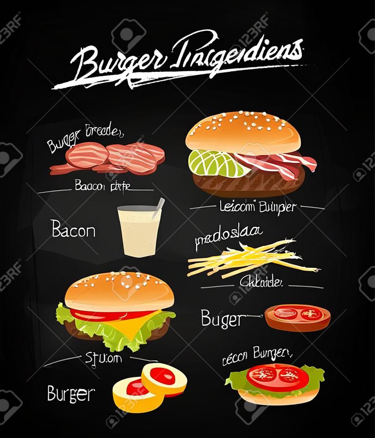 Ingredientes de hambúrguer no quadro-negro. Peças de hambúrguer isoladas no quadro-negro. Hambúrguer com ingredientes assinados. Conjunto de hambúrguer de comida. Hambúrguer duplo eith bacon. Ilustração em hambúrguer de estilo vintage. Hambúrguer vetorial.