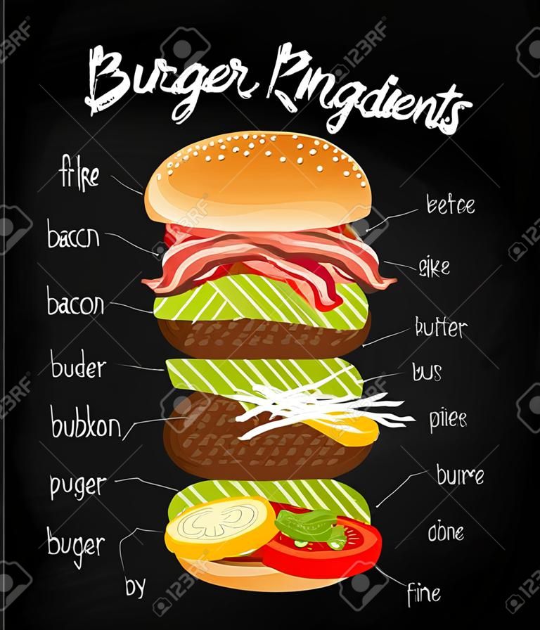 Burger ingredients on chalkboard. Isolated burger parts on chalkboard. Burger with signed ingredients. Set food burger. Double burger eith bacon. Illustration in vintage style burger. Vector burger.