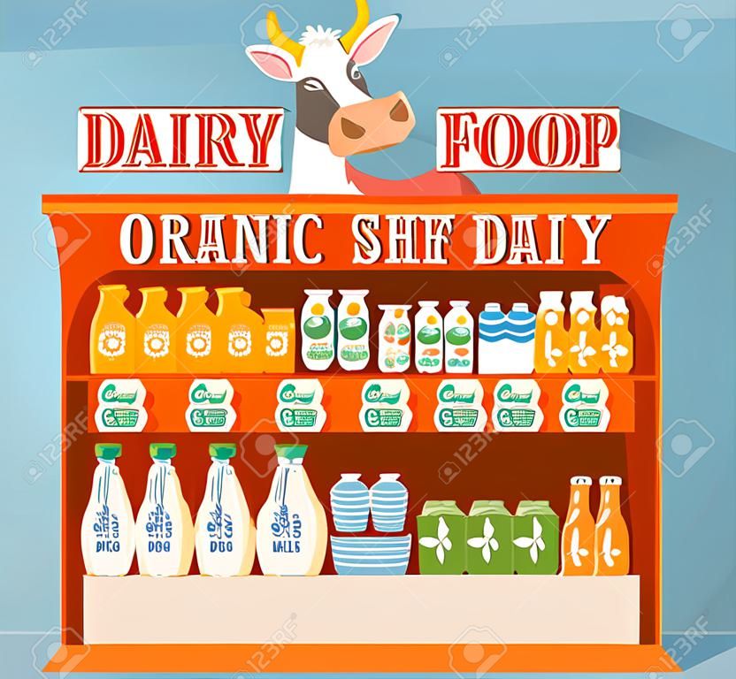 Estante de supermercado, los productos lácteos. Cartón de la leche, yogur y otros productos lácteos en el estante del supermercado. Alimentos Estante, Estante lácteos. Alimentos orgánicos, Tienda orgánica. Los agricultores de Alimentos, productos lácteos naturales. Vector de Alimentos Lácteos