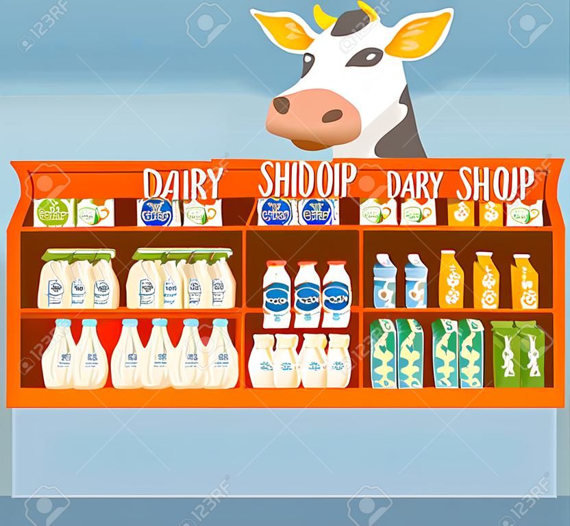 Estante de supermercado, los productos lácteos. Cartón de la leche, yogur y otros productos lácteos en el estante del supermercado. Alimentos Estante, Estante lácteos. Alimentos orgánicos, Tienda orgánica. Los agricultores de Alimentos, productos lácteos naturales. Vector de Alimentos Lácteos