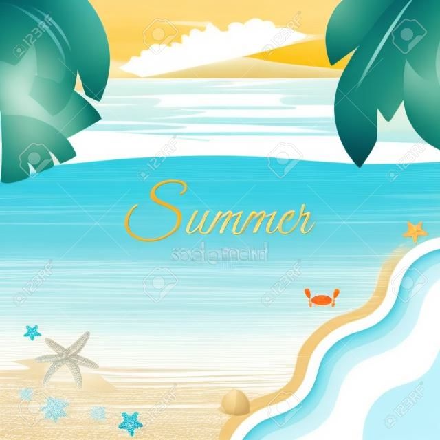 Summer beach background, illustrazione vettoriale. Spiaggia di sabbia con le foglie di palma, foro di marea, granchio di mare e stelle marine. Paesaggio naturale. Spazio per il testo. Concetto di vacanza al mare. paesaggio marino naturale.