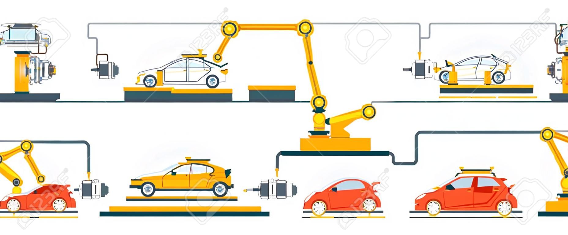 Завод С Умной Роботизированной Автомобильной Сборочной Линией. Современные  Инженерные Системы, Автомобильная Производственная Линия, Производство  Автомобилей. Конвейер Для Сборки Автомобилей Векторные Иллюстрации В  Плоском Стиле Клипарты, SVG, векторы ...