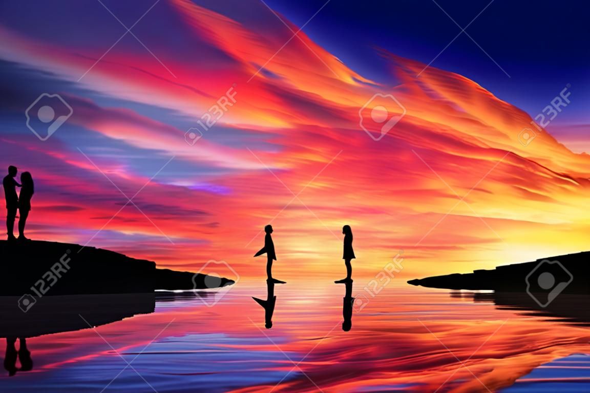 Un garçon et une fille se tiennent de différents côtés d'une rivière pensent comment se rejoindre sur un beau fond de coucher de soleil. Construire un pont imaginaire. Voyage de vie et concept de recherche.