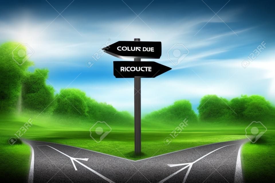 分割された道路と道標の矢印を持つシュールな風景は、選択する左右の方向の2つの異なるコースを示しています。道路は異なる方向に分割されます。難しい決断、選択の概念。