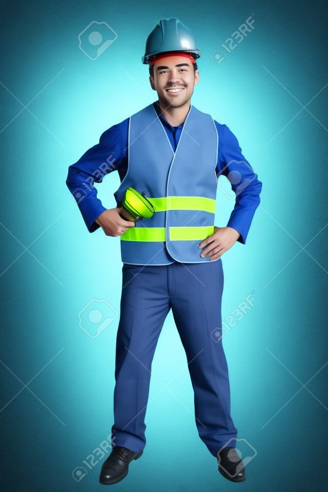 Happy blue collar worker with hardhat and safety vest