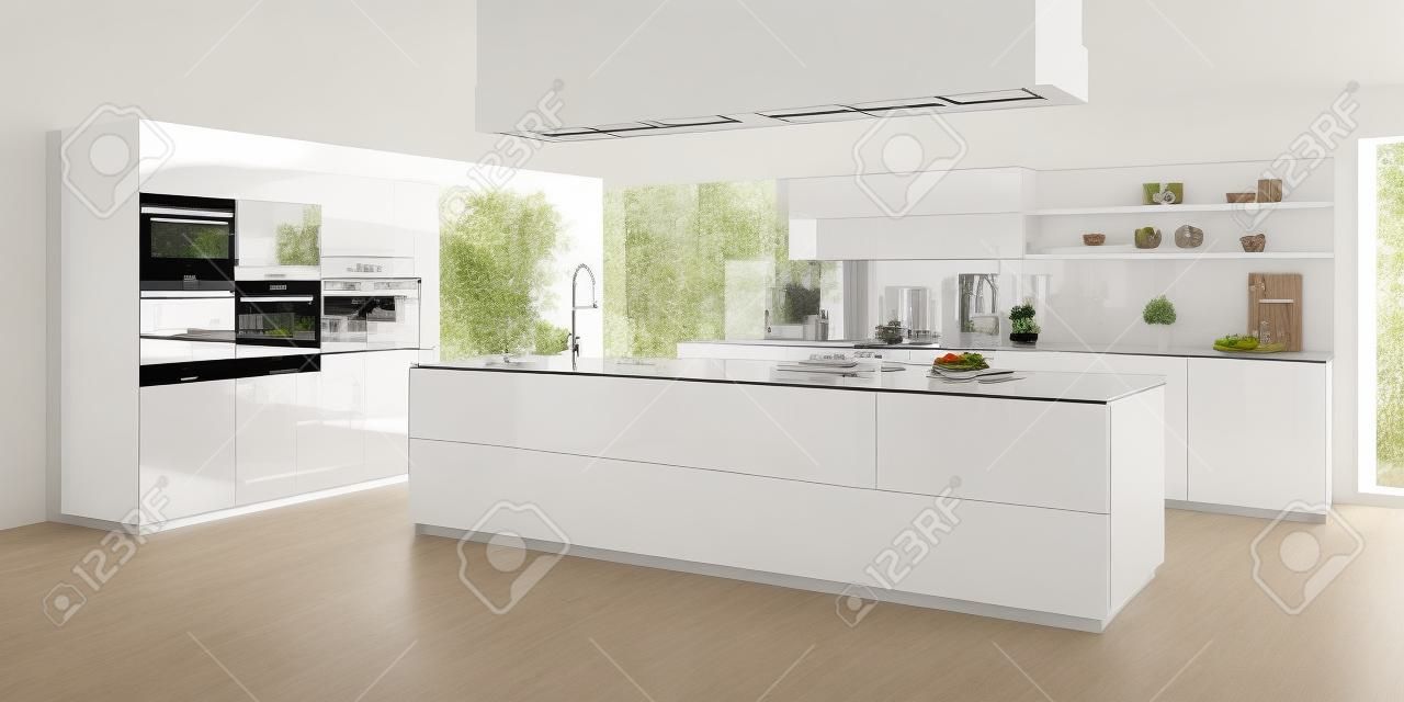 Новая светлая кухня с современным белым кухонным островом