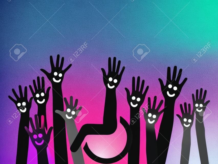 Mãos como símbolo de inclusão e integração com cadeira de rodas no meio