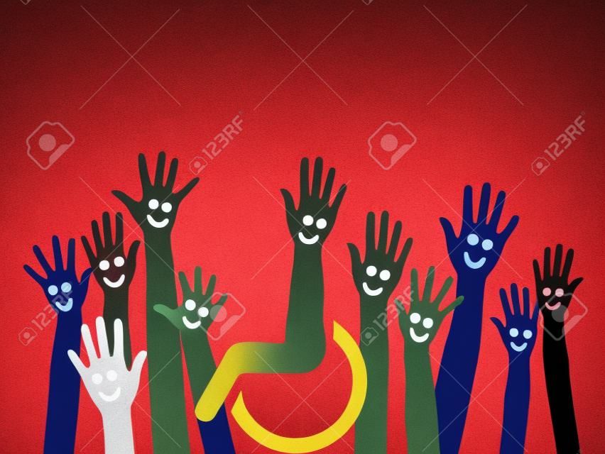Hands as a symbol of inclusion and integration with wheelchair in the middle