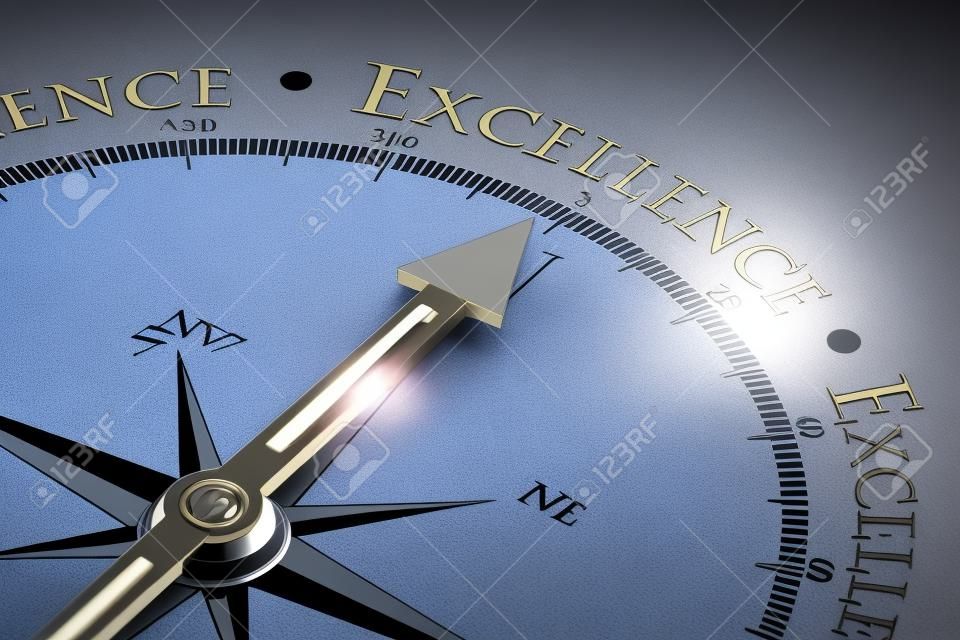 Het bereiken van Business Excellence als concept op een kompas (3D Rendering)