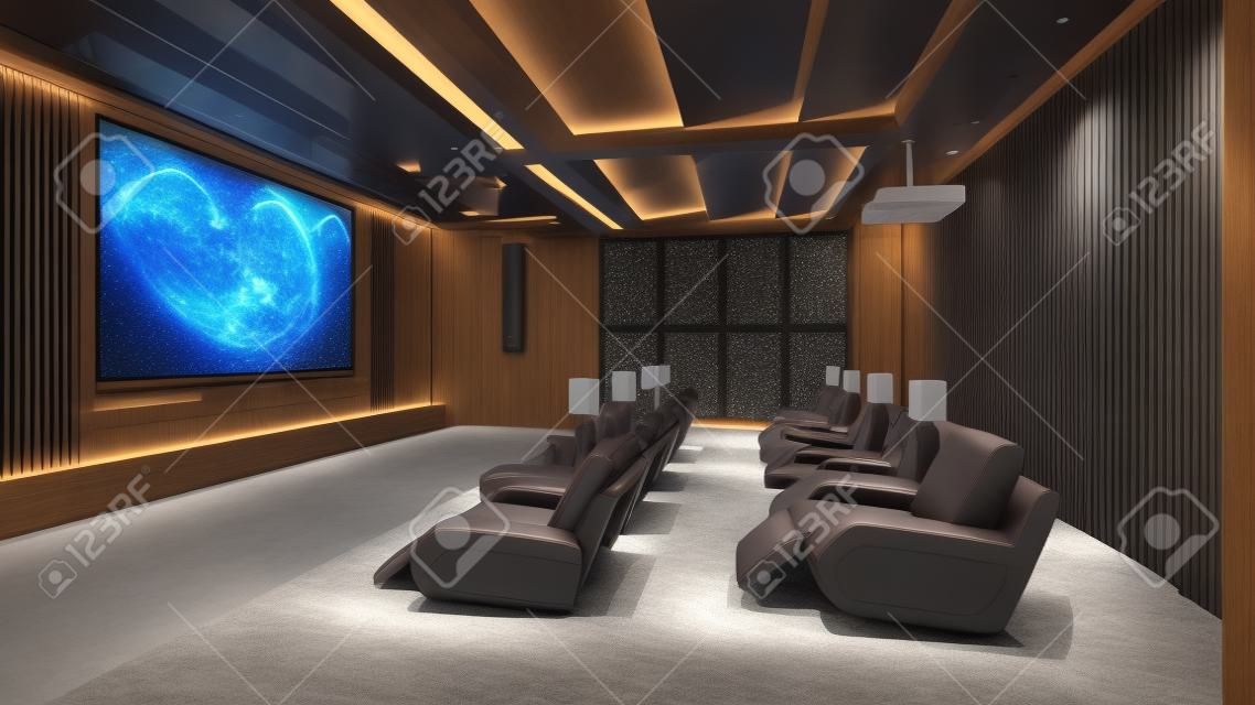 Moderno sistema di home cinema privato con videoproiettore e tela e molte sedie (rendering 3D)