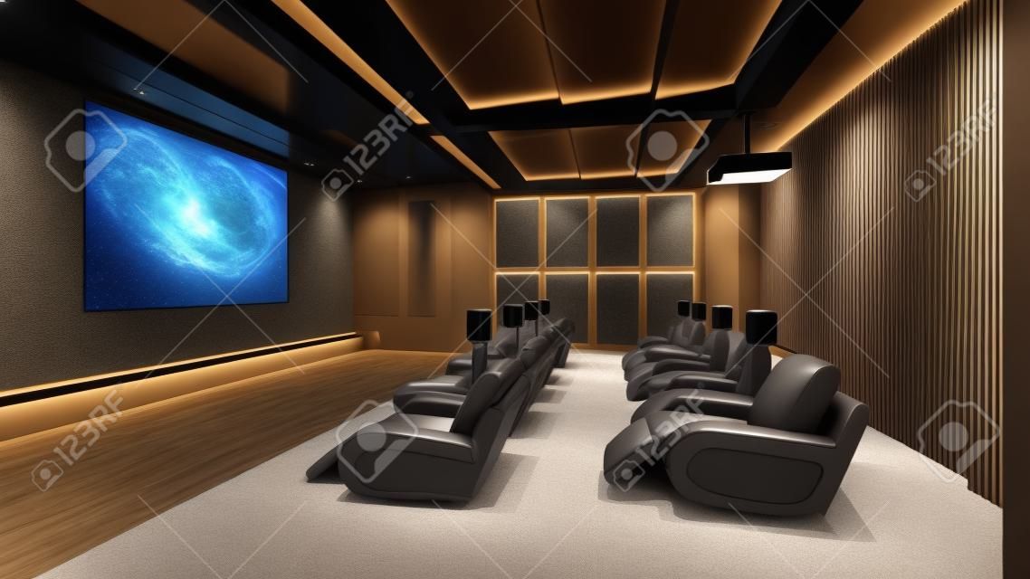Moderno sistema di home cinema privato con videoproiettore e tela e molte sedie (rendering 3D)