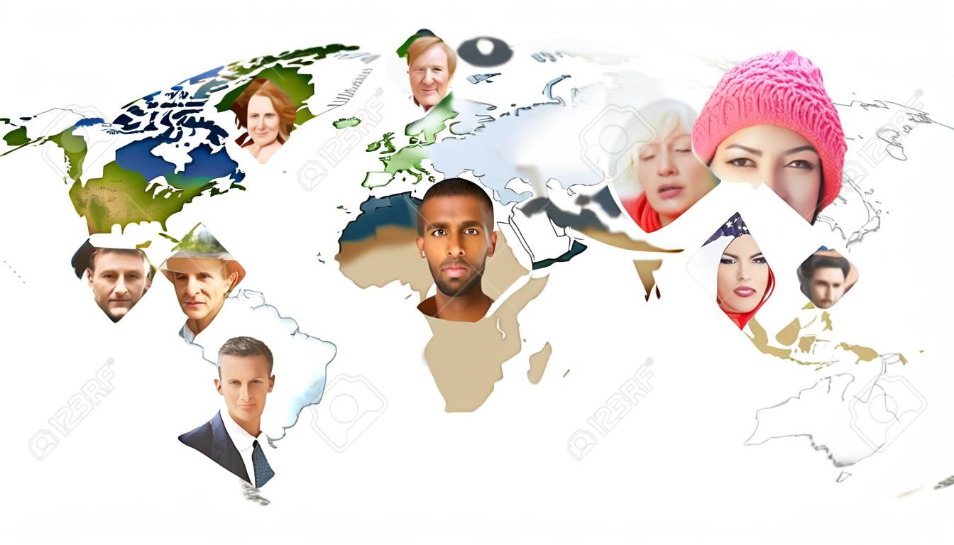 Volti di molte persone sulla mappa del mondo come concetto di diversità
