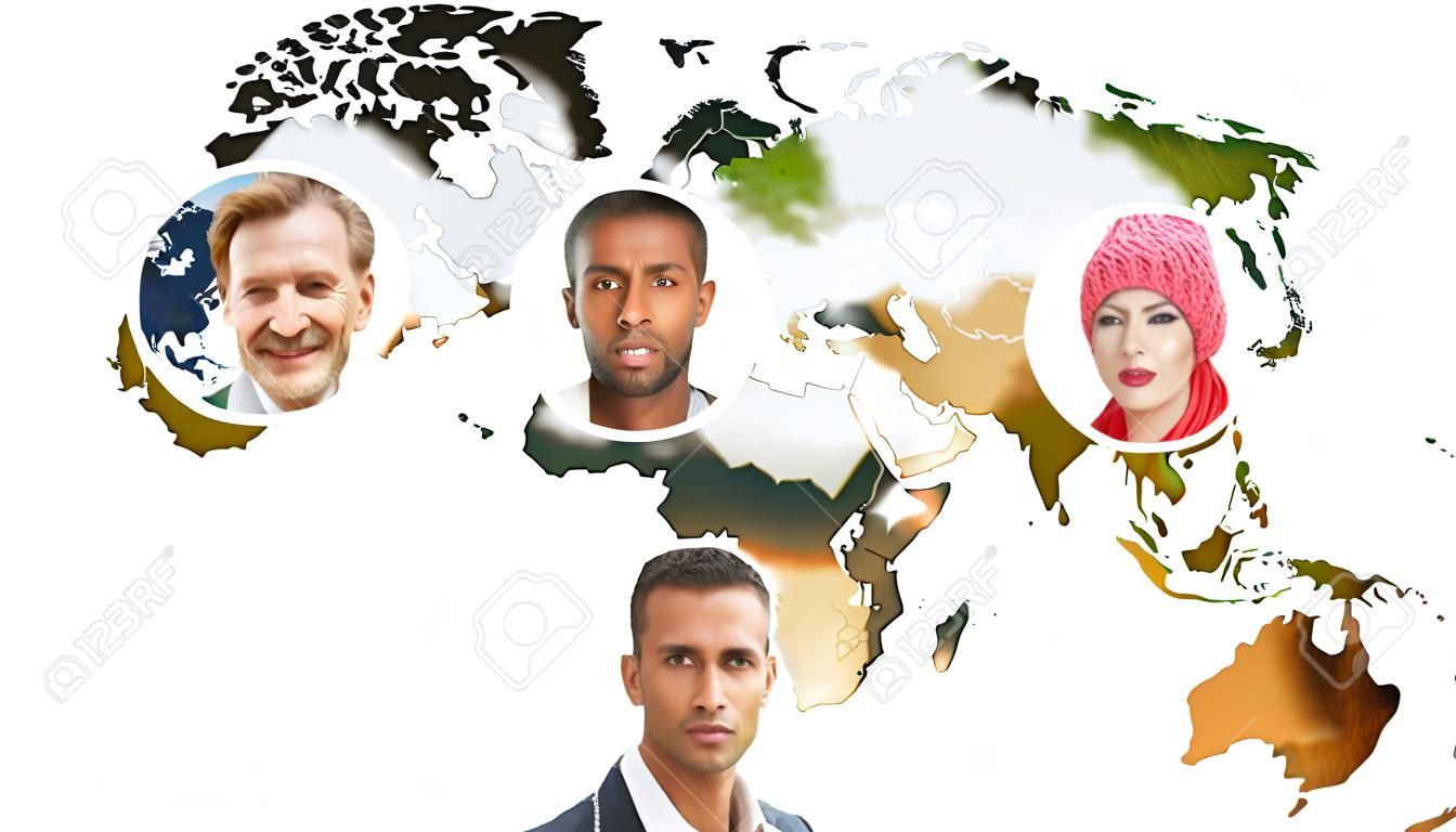 世界地图上许多人的面孔作为多样性的概念