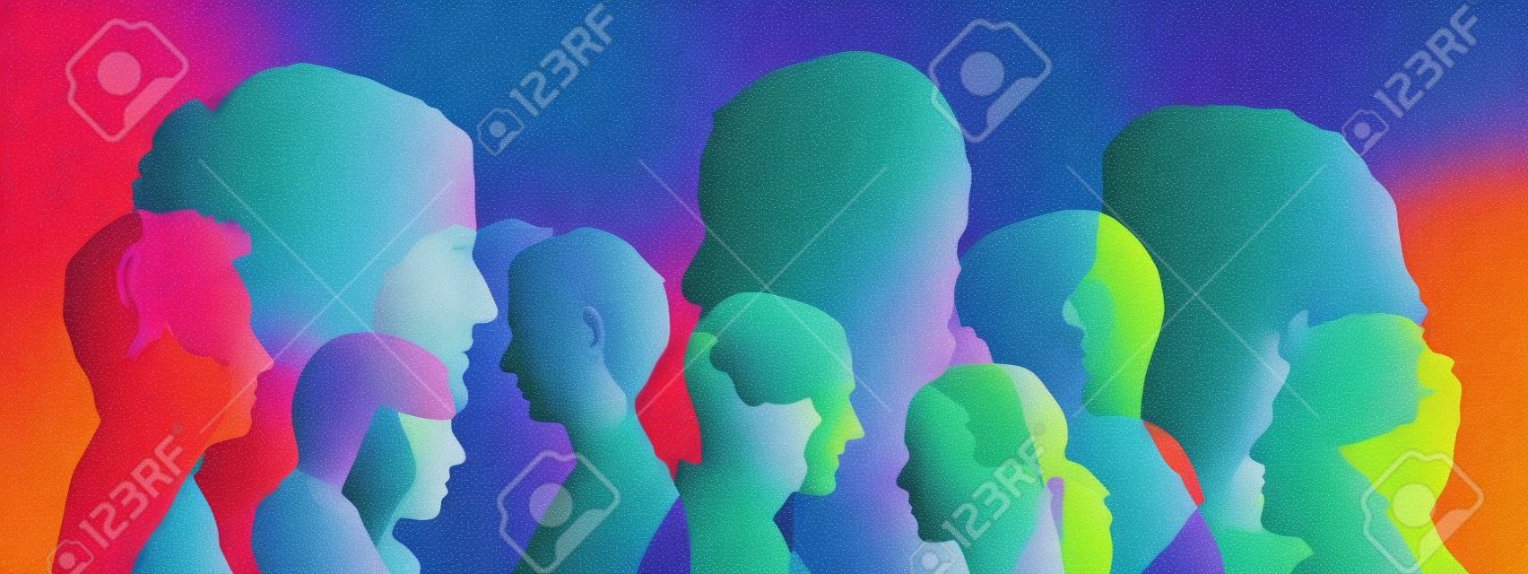 Many heads team as illustration in different bright colors