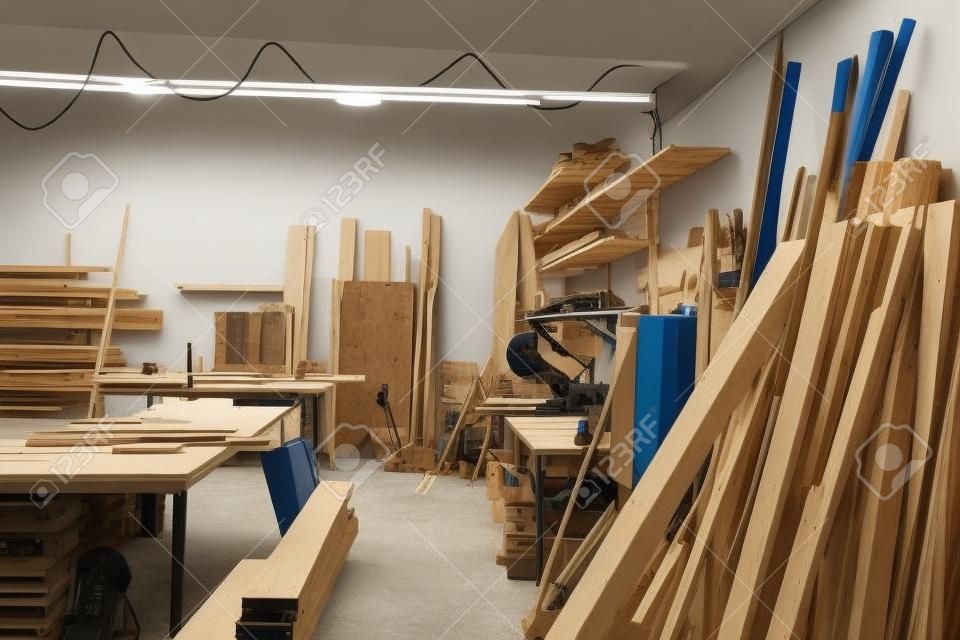 Leere Werkstatt in einer Tischlerei mit Holzlager und Werkbank