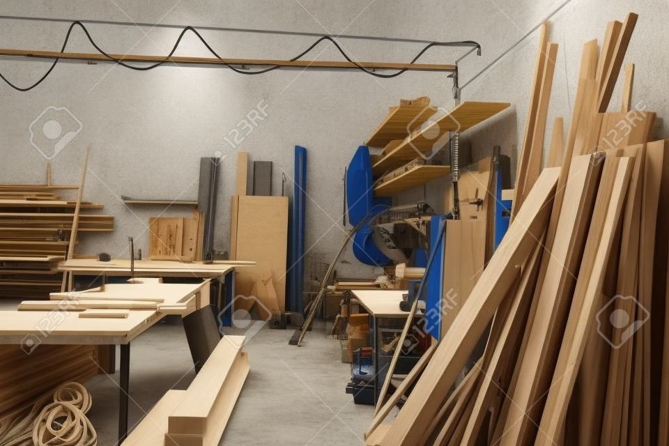 Lege werkplaats in een schrijnwerkplaats met houten magazijn en werkbank