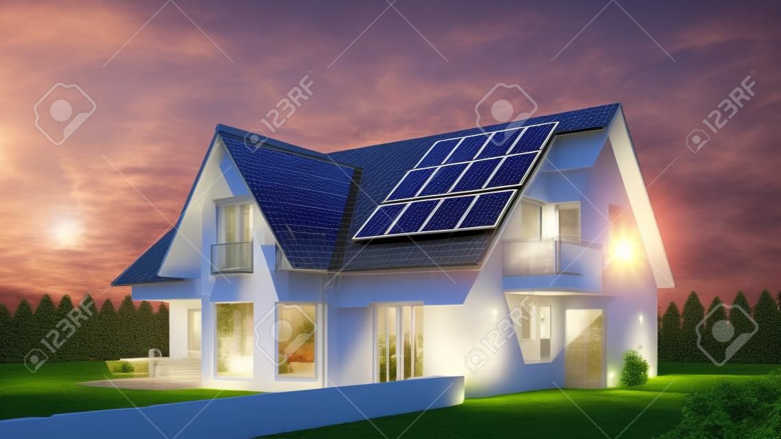 Zonnestelsel of fotovoltaïsche op vrijstaande woning met tuin voor een blauwe lucht (3D Rendering)