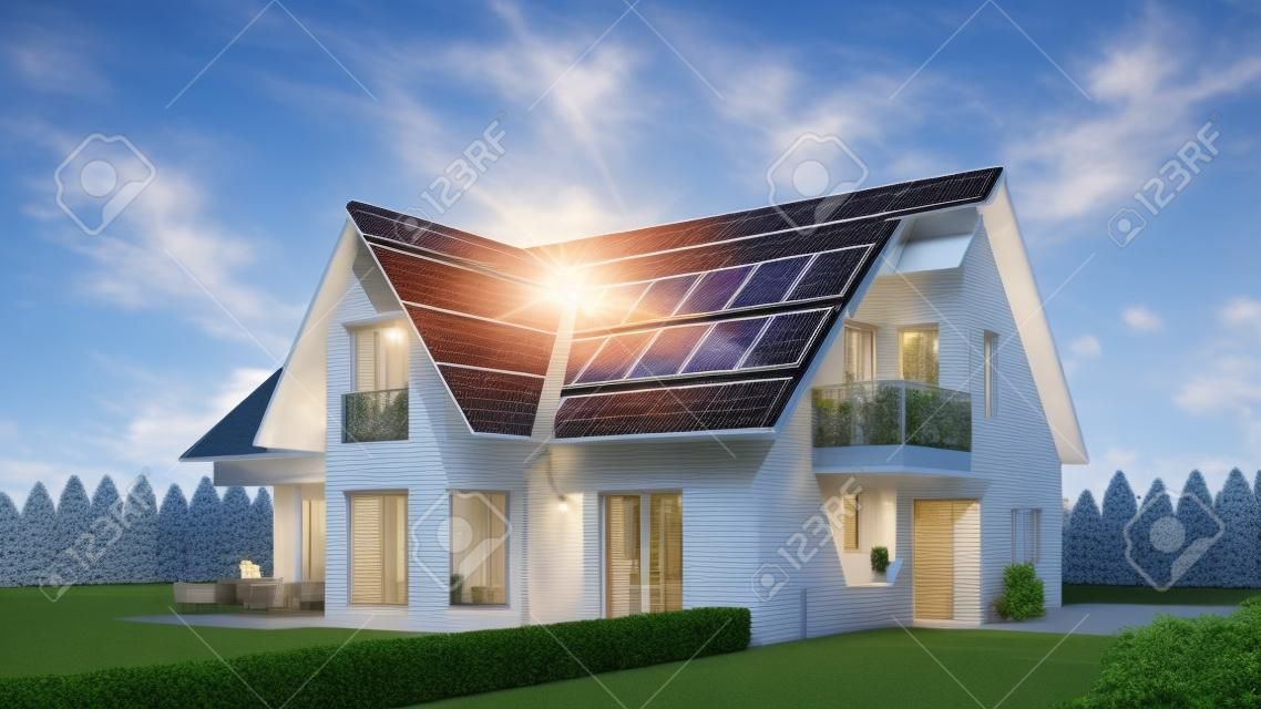 Zonnestelsel of fotovoltaïsche op vrijstaande woning met tuin voor een blauwe lucht (3D Rendering)